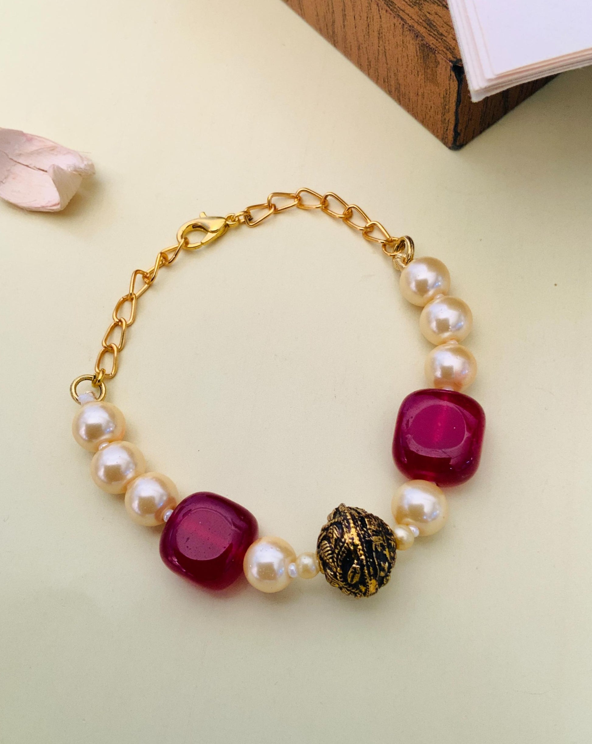 Jaipuri Beads Hand Bracelet by Abdesignsjewellery featuring pearls red beads and gold chain