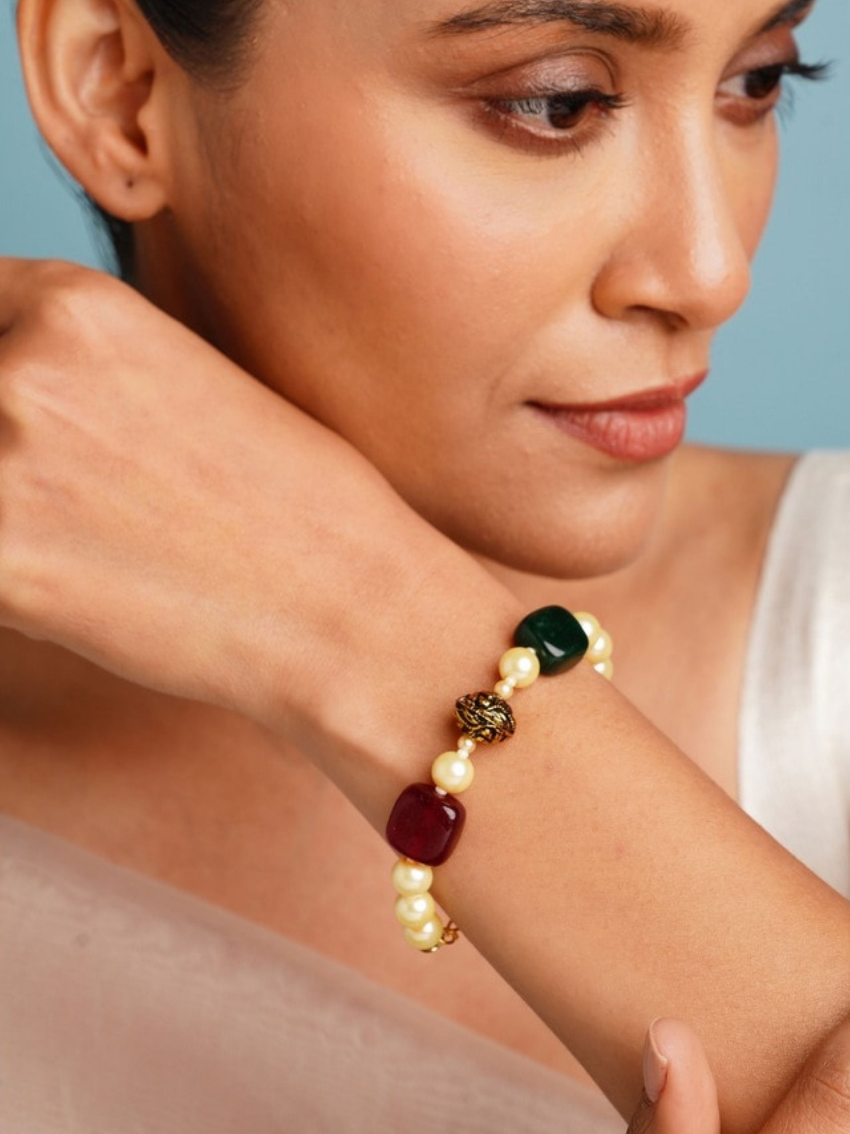 Jaipuri Beads Hand Bracelet by Abdesignsjewellery featuring colorful beads and pearl accents on wrist