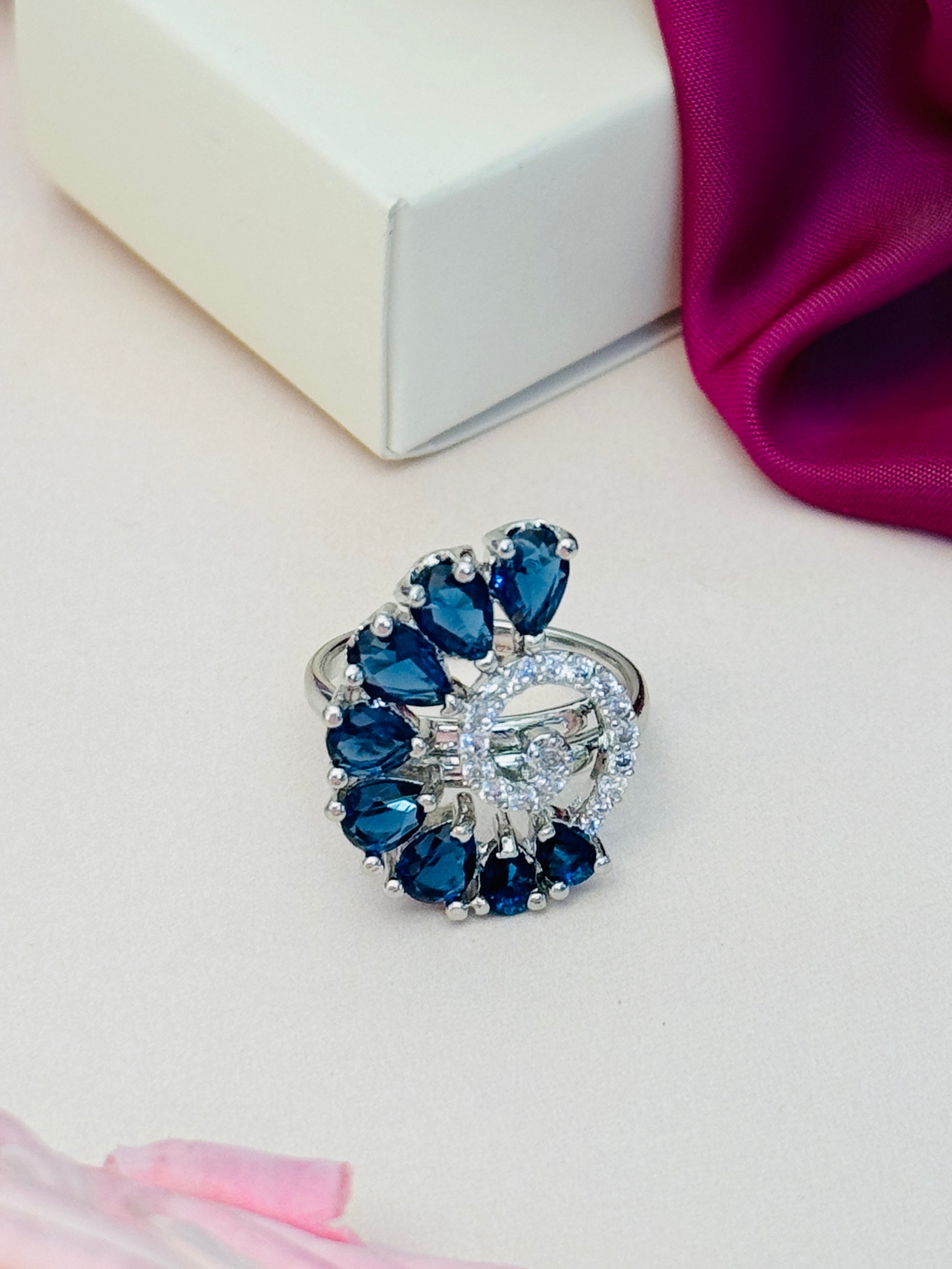 Abdesigns Jewellery Blue & Silver Stone Ring for Women with teardrop blue stones and silver detailing