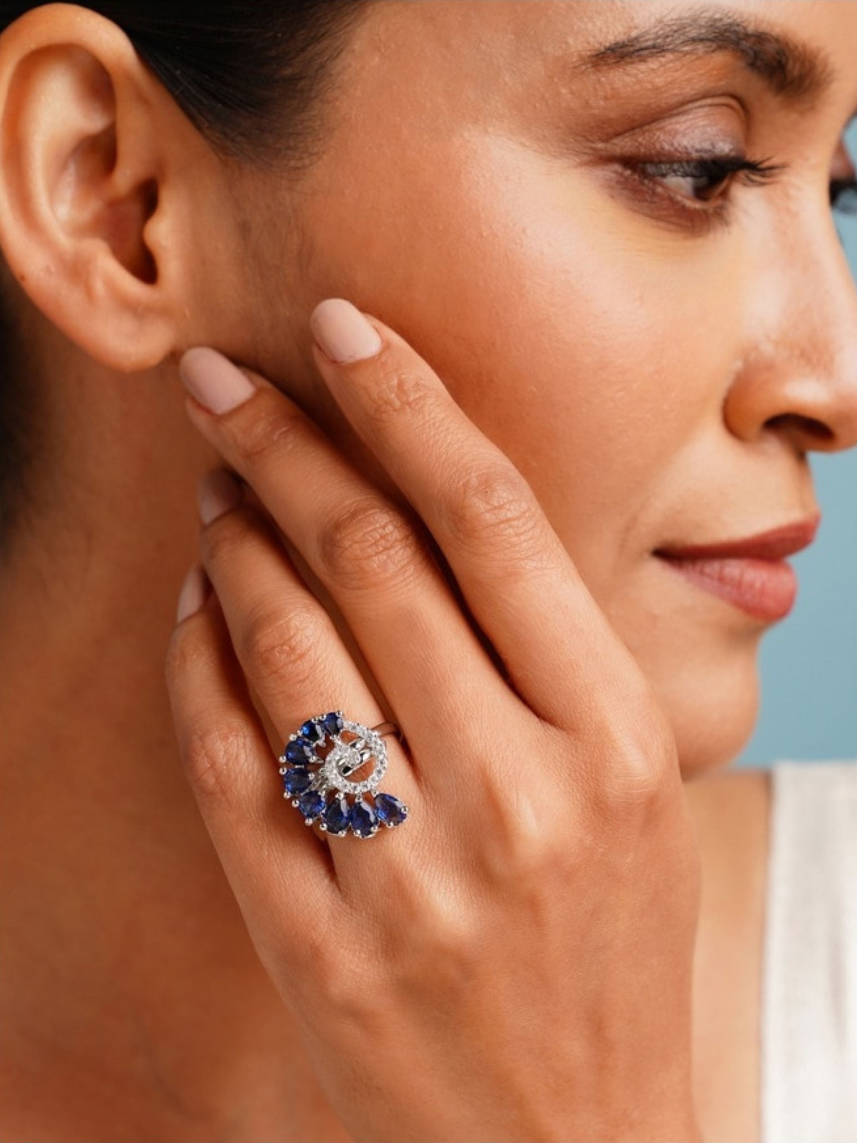 Abdesigns Jewellery Blue & Silver Stone Ring for Women worn on finger with blue and silver stones