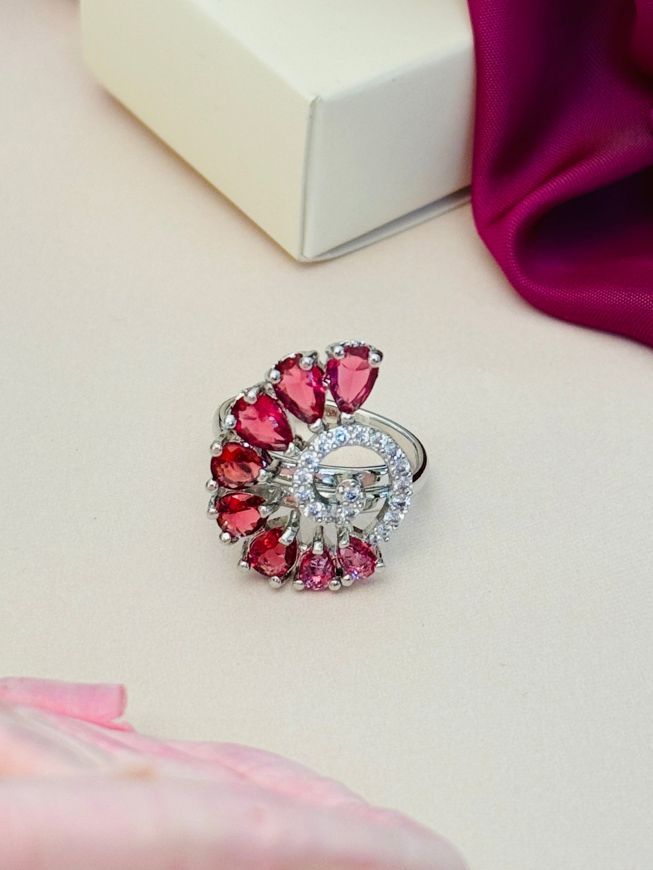 Abdesigns Jewellery Blue & Silver Stone Ring for Women featuring red stones in silver setting