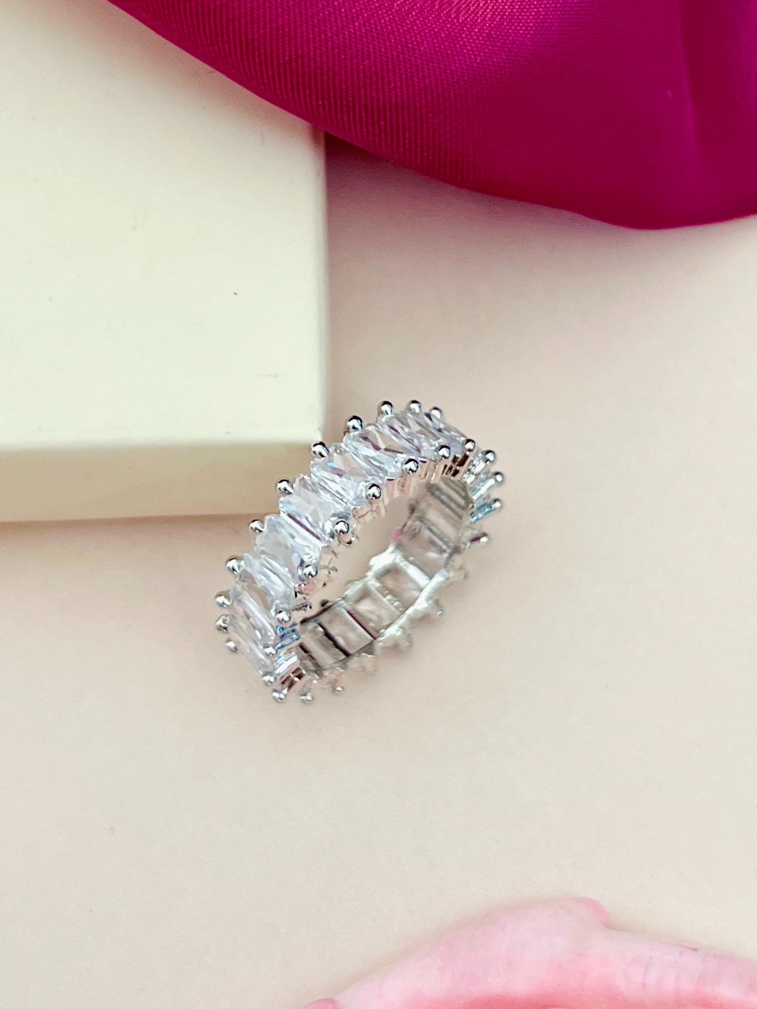 Abdesigns Jewellery Blue Stone Silver Ring for Women with rectangular clear stones in a silver band