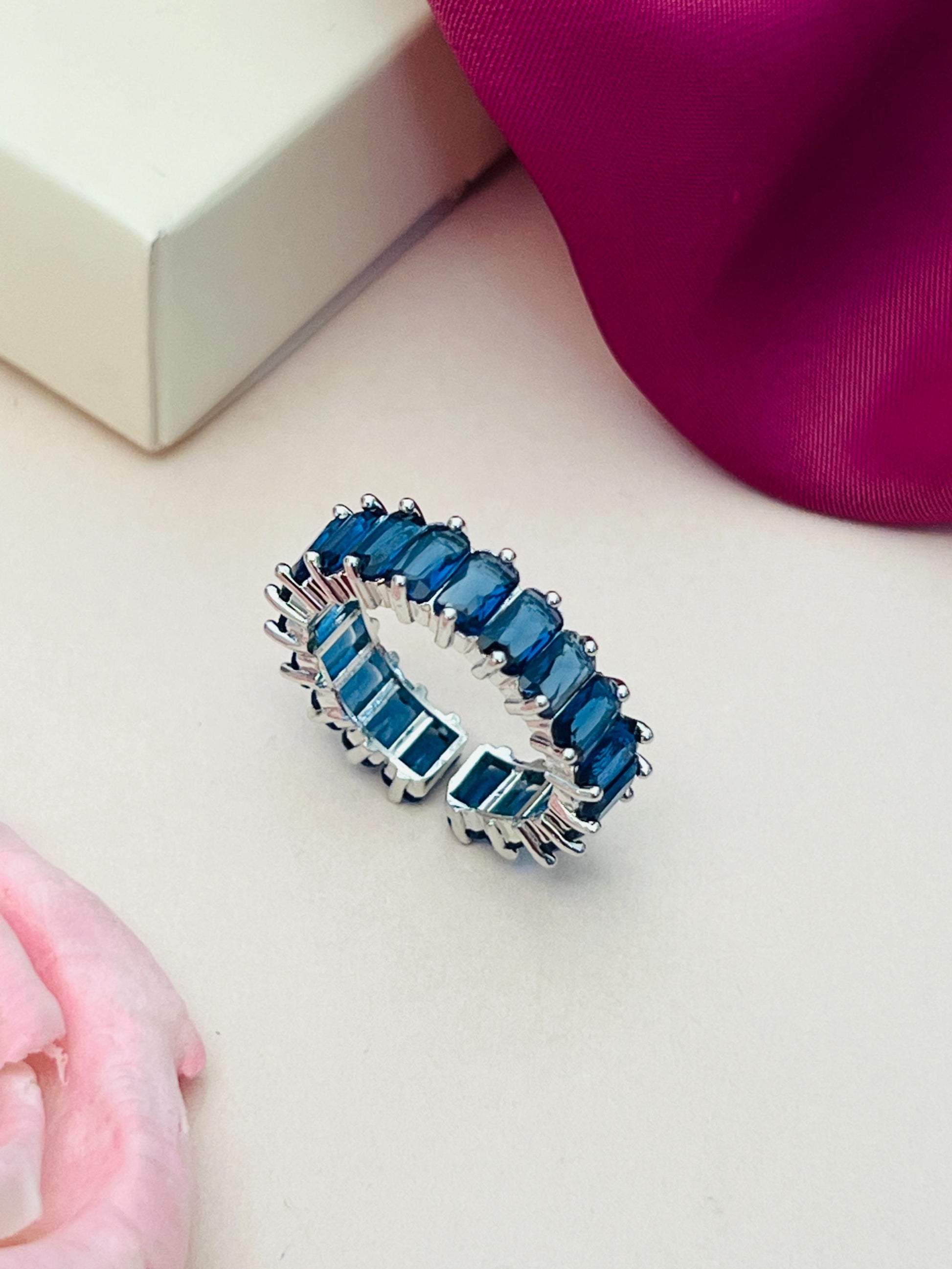 Abdesigns Jewellery Blue Stone Silver Ring for Women with rectangular blue stones set in silver band