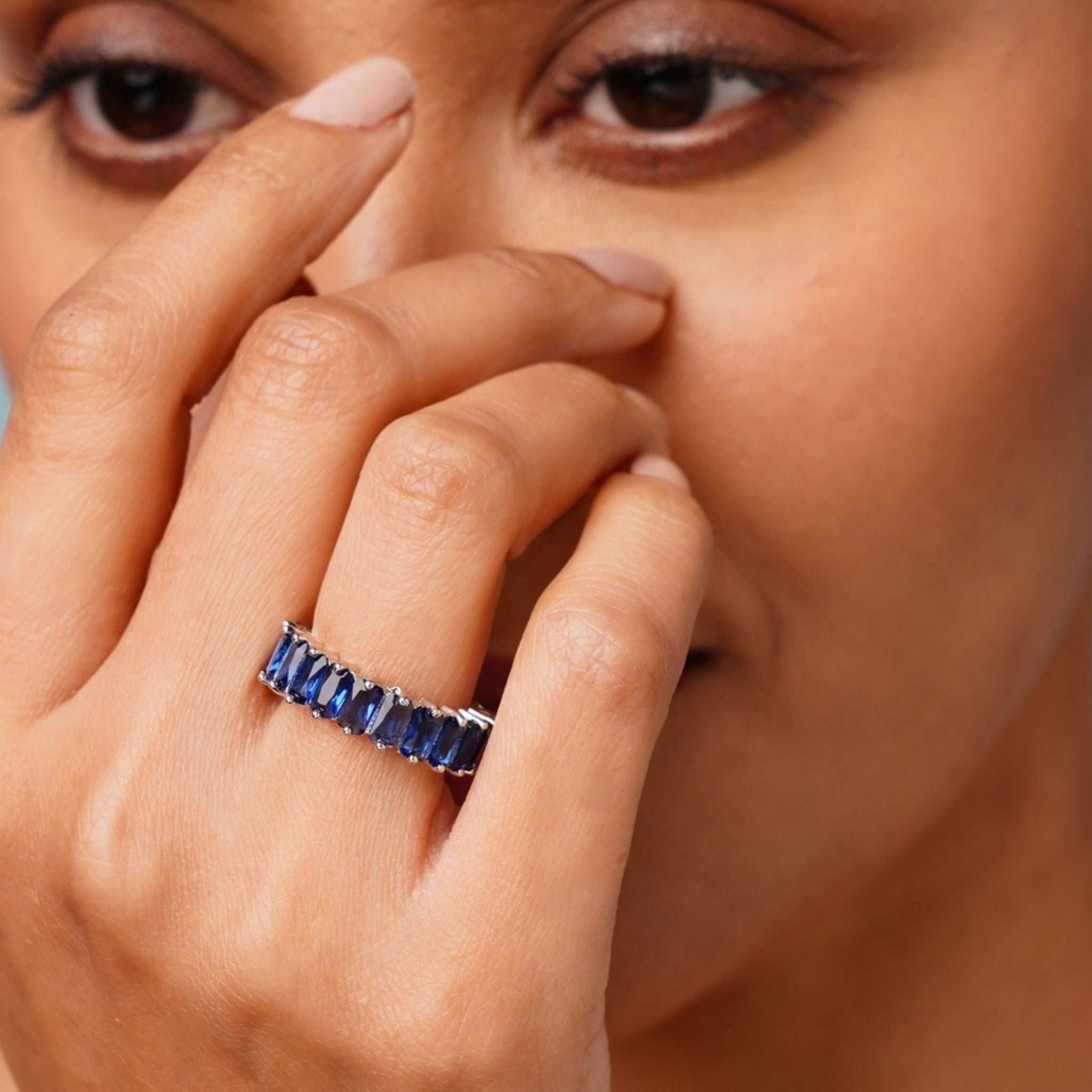 Abdesigns Jewellery Blue Stone Silver Ring for Women worn on hand showcasing elegant blue stones