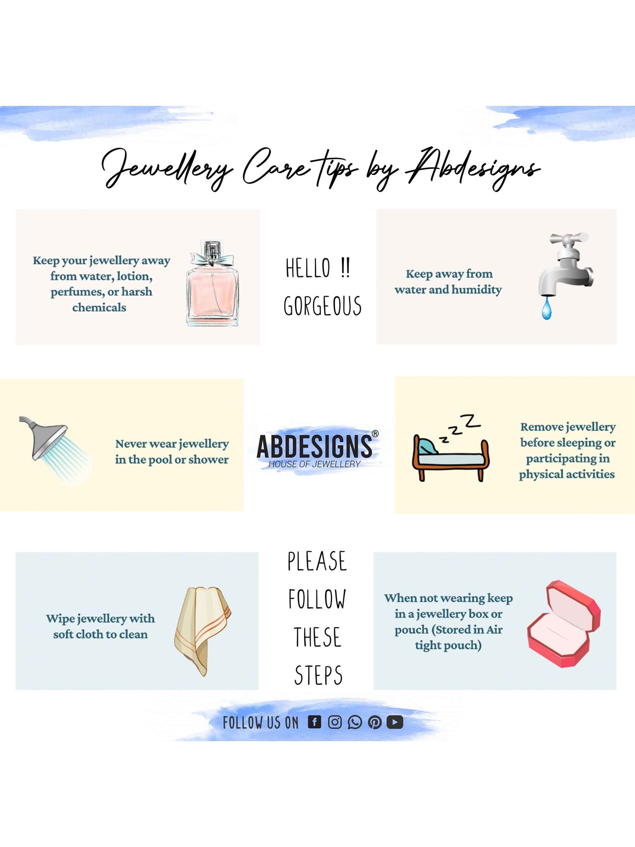 Jewellery care tips infographic by Abdesignsjewellery with advice on cleaning and storing jewelry