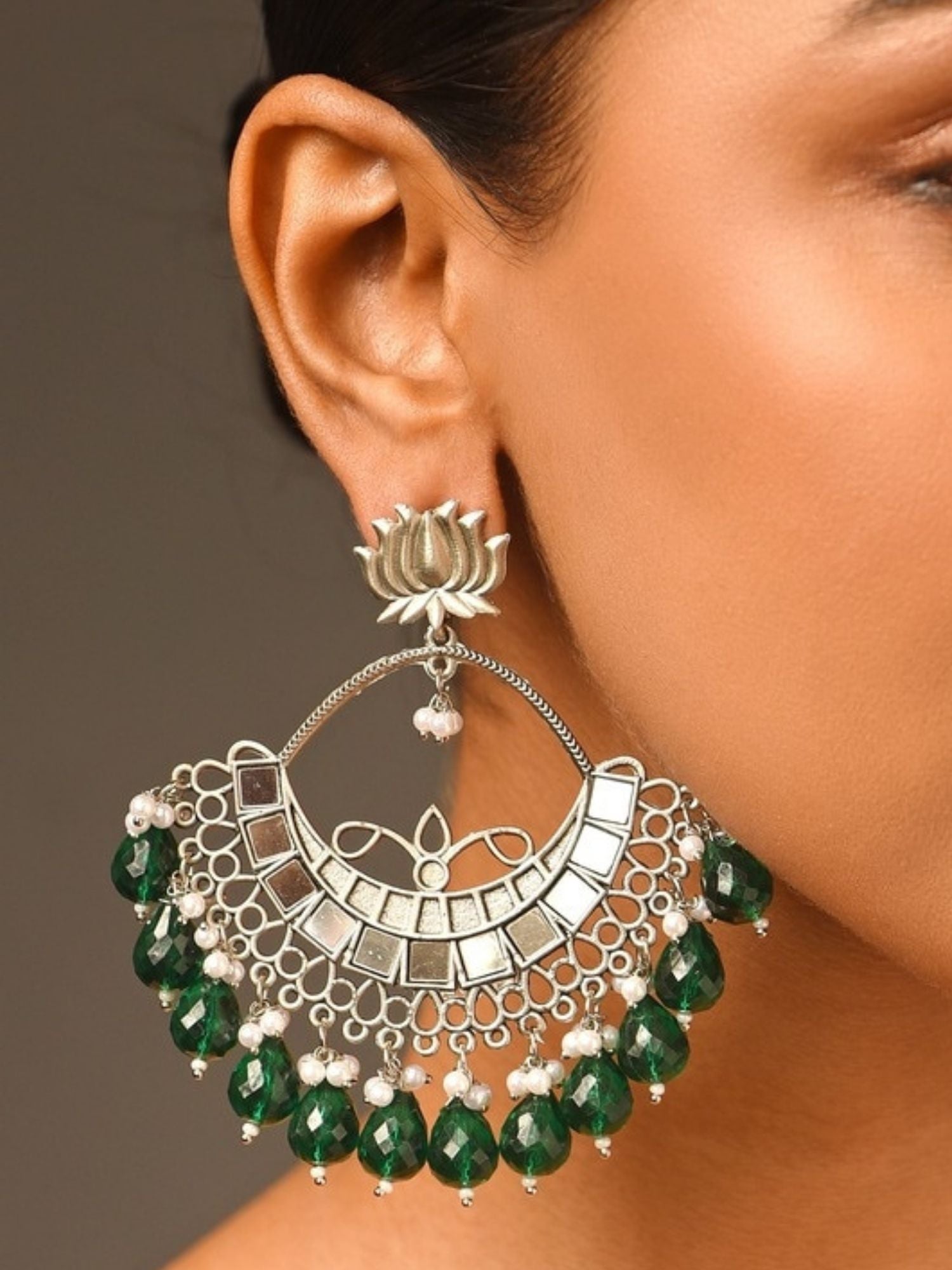 Abdesigns Jewellery Celebrity Style Silver Plated Chandbali Earrings with green beads and intricate mirror work