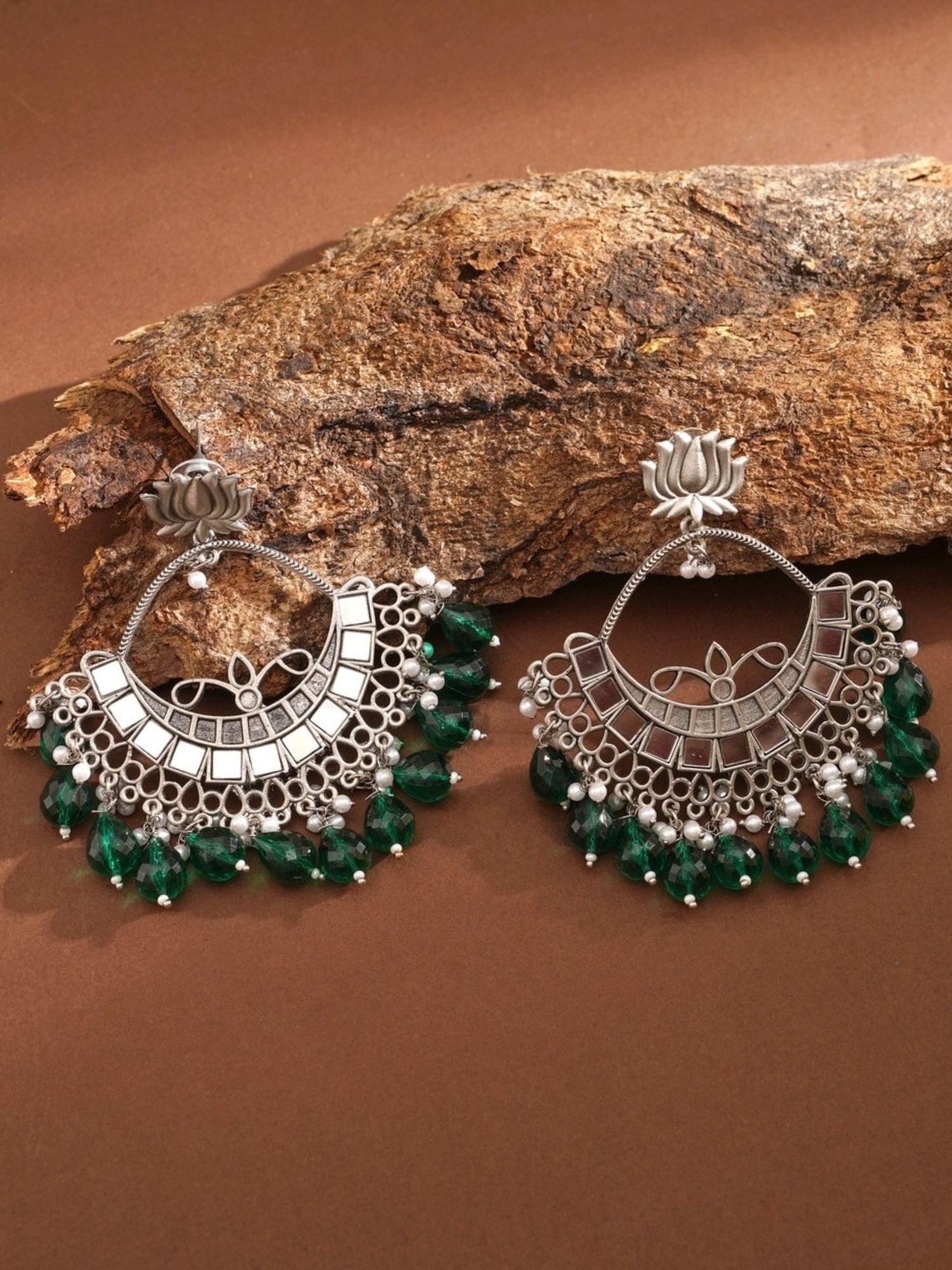 Abdesigns Jewellery Celebrity Style Silver Plated Chandbali Earrings with green and white bead embellishments