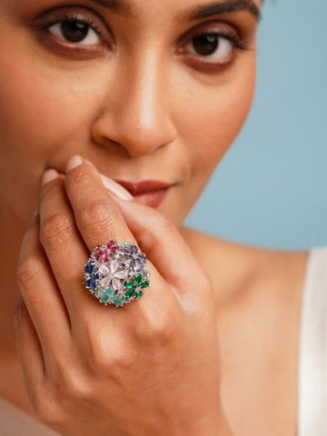 Abdesigns Jewellery Colorful Floral Cluster Ring worn on hand with multi-colored gemstones