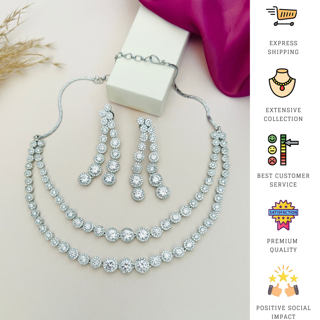 Abdesigns Jewellery Double Layer Silver Necklace Set with matching sparkling earrings on display
