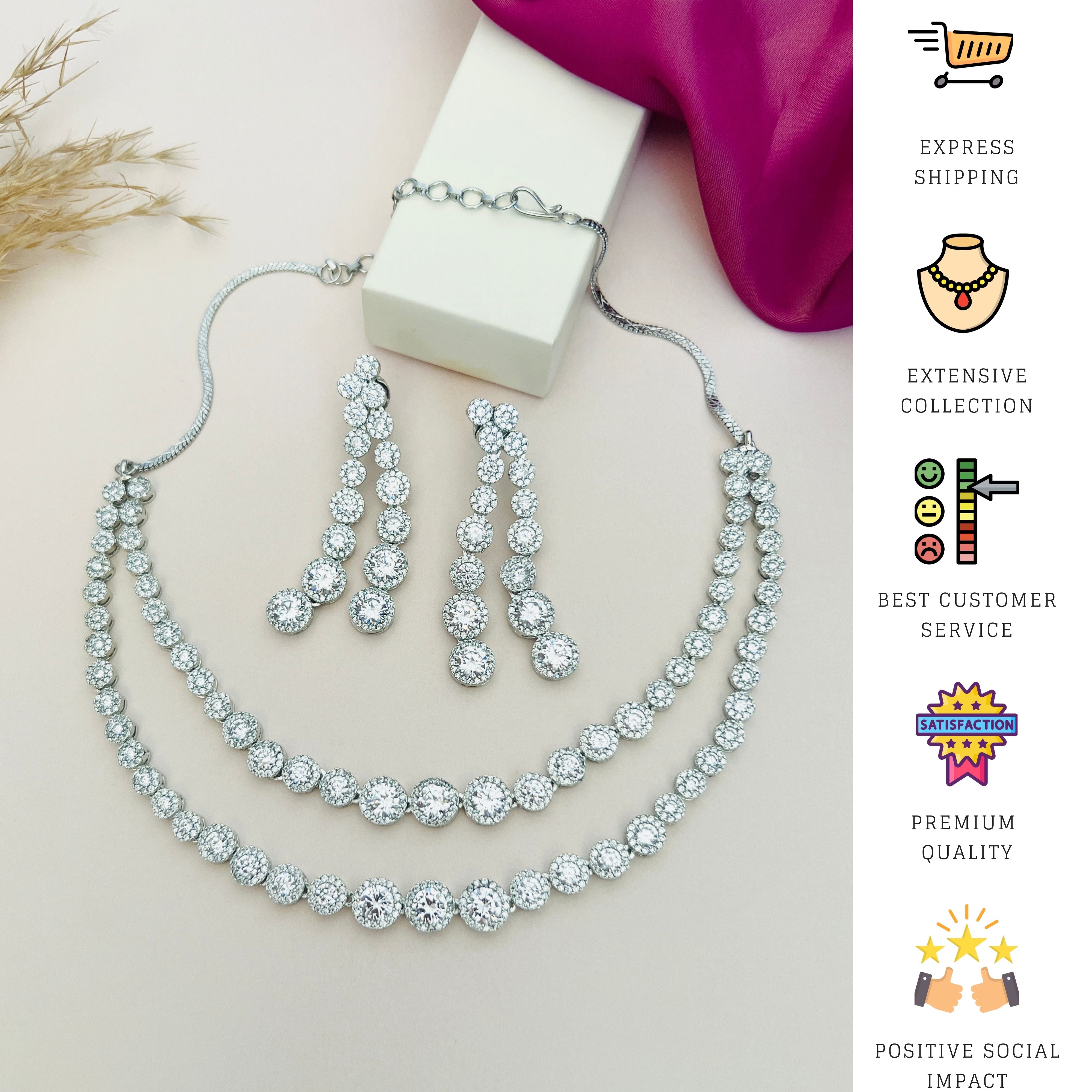 Abdesigns Jewellery Double Layer Silver Necklace Set with sparkling round crystals and matching earrings