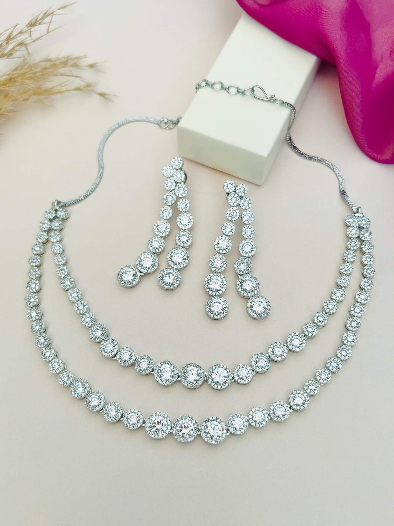Abdesigns Jewellery Double Layer Silver Necklace Set with matching rhinestone earrings