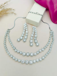 Thumbnail for Abdesigns Jewellery Double Layer Silver Necklace Set with matching rhinestone earrings