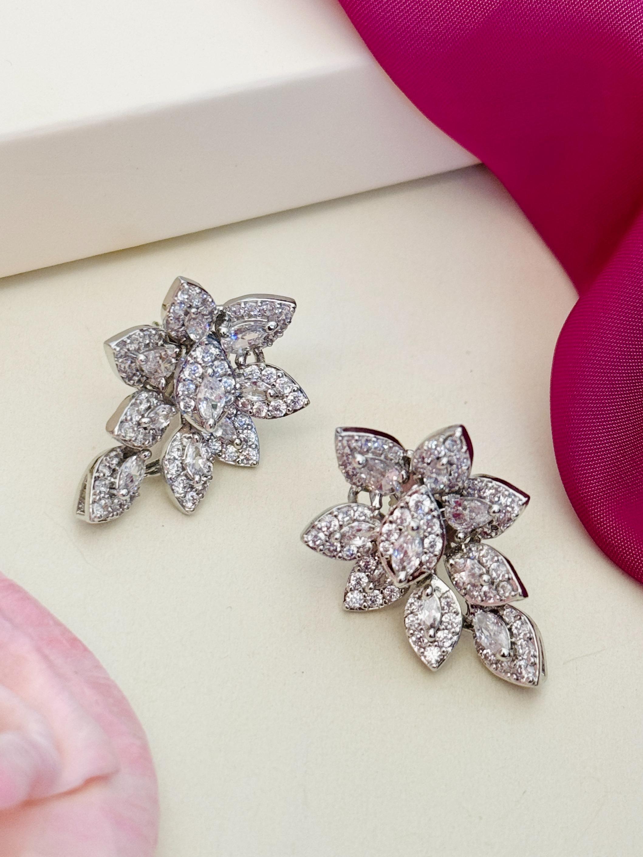 Abdesigns Jewellery Elegant Floral Imitation Earrings with sparkling crystal petals and silver tone