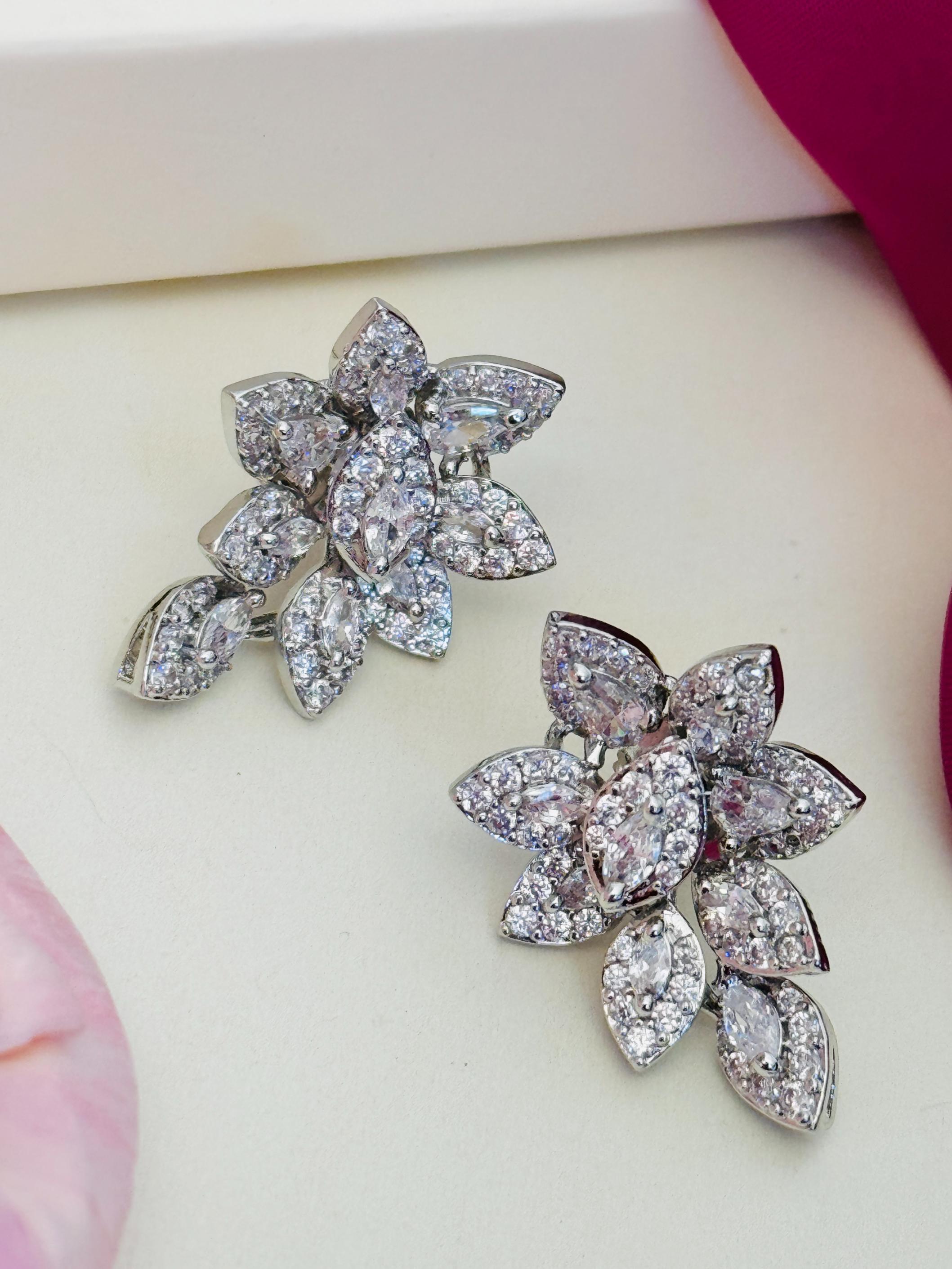 Abdesigns Jewellery Elegant Floral Imitation Earrings with sparkling crystal petals in silver tone