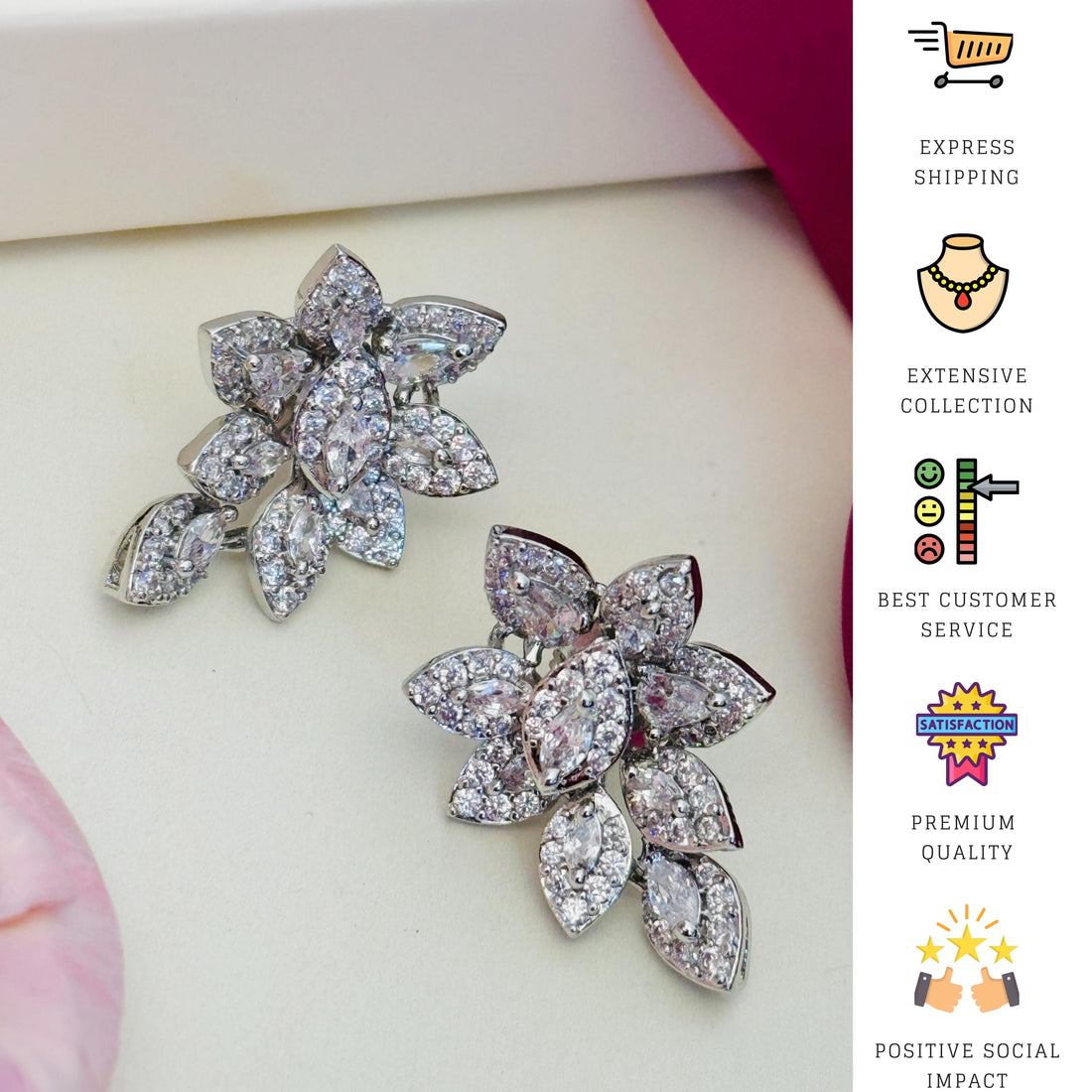 Close-up of woman wearing Abdesigns Jewellery Elegant Floral Imitation Earrings with sparkling leaf design