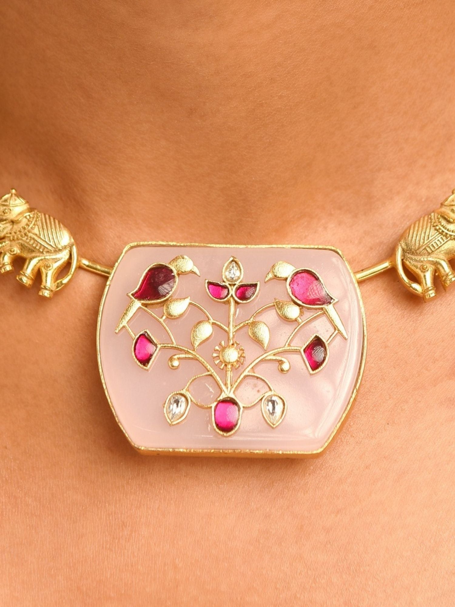 Abdesigns Jewellery Elegant Gold-Tone Necklace Set with pink and red bird design and elephant details
