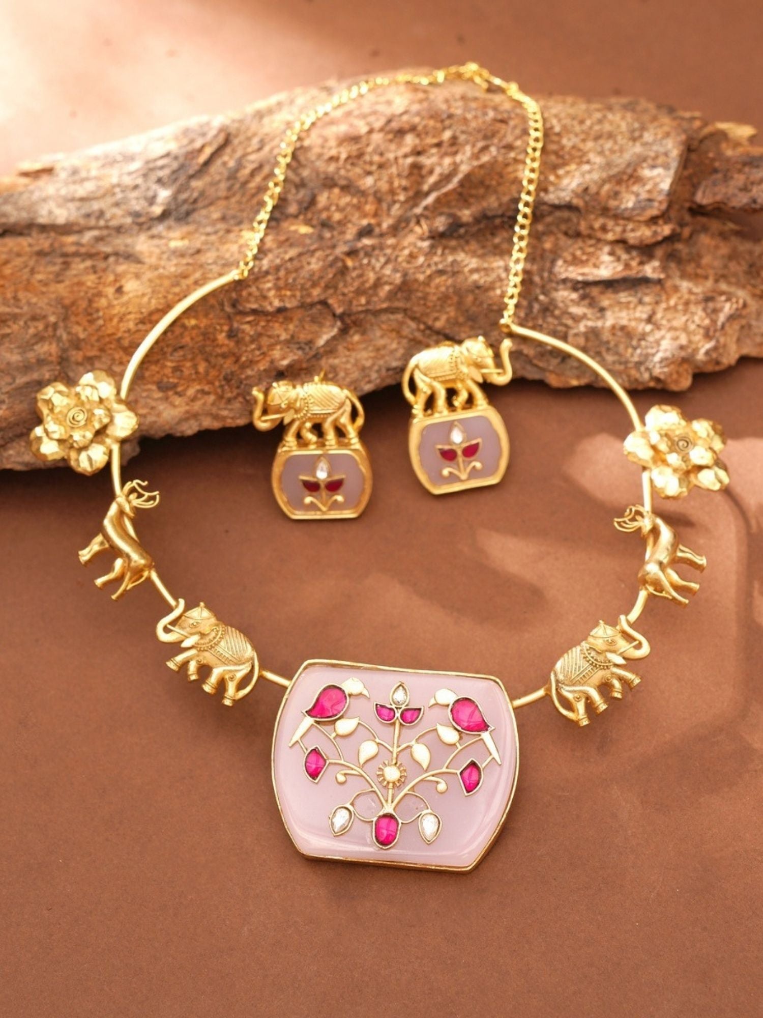Abdesigns Jewellery Elegant Gold-Tone Necklace Set with floral and elephant motifs and pink gemstone accents