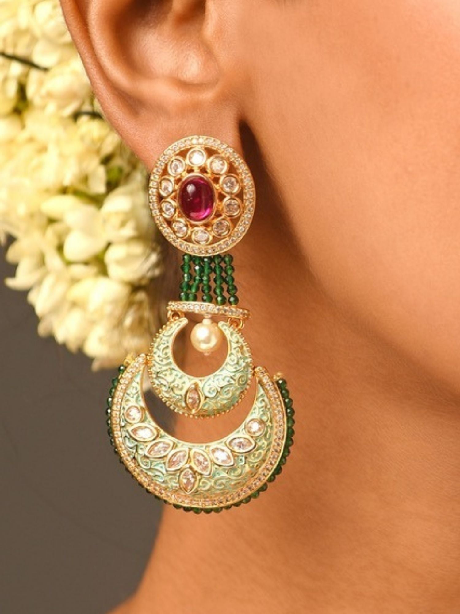 Abdesigns Jewellery Elegant Green Ruby Earrings with intricate gold and pearl detailing on ear