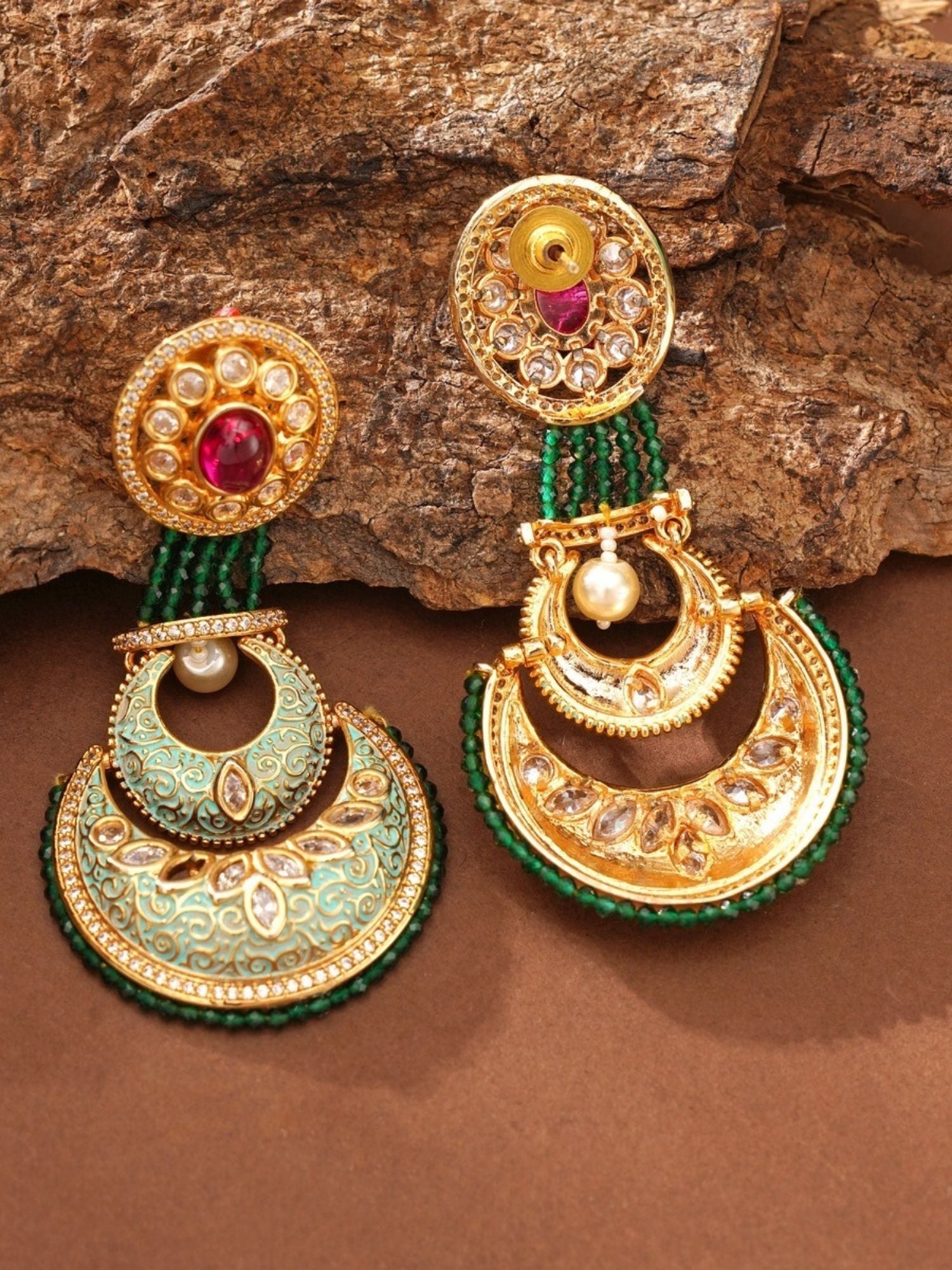 Abdesigns Jewellery Elegant Green Ruby Earrings with intricate gold detailing and pearl accents