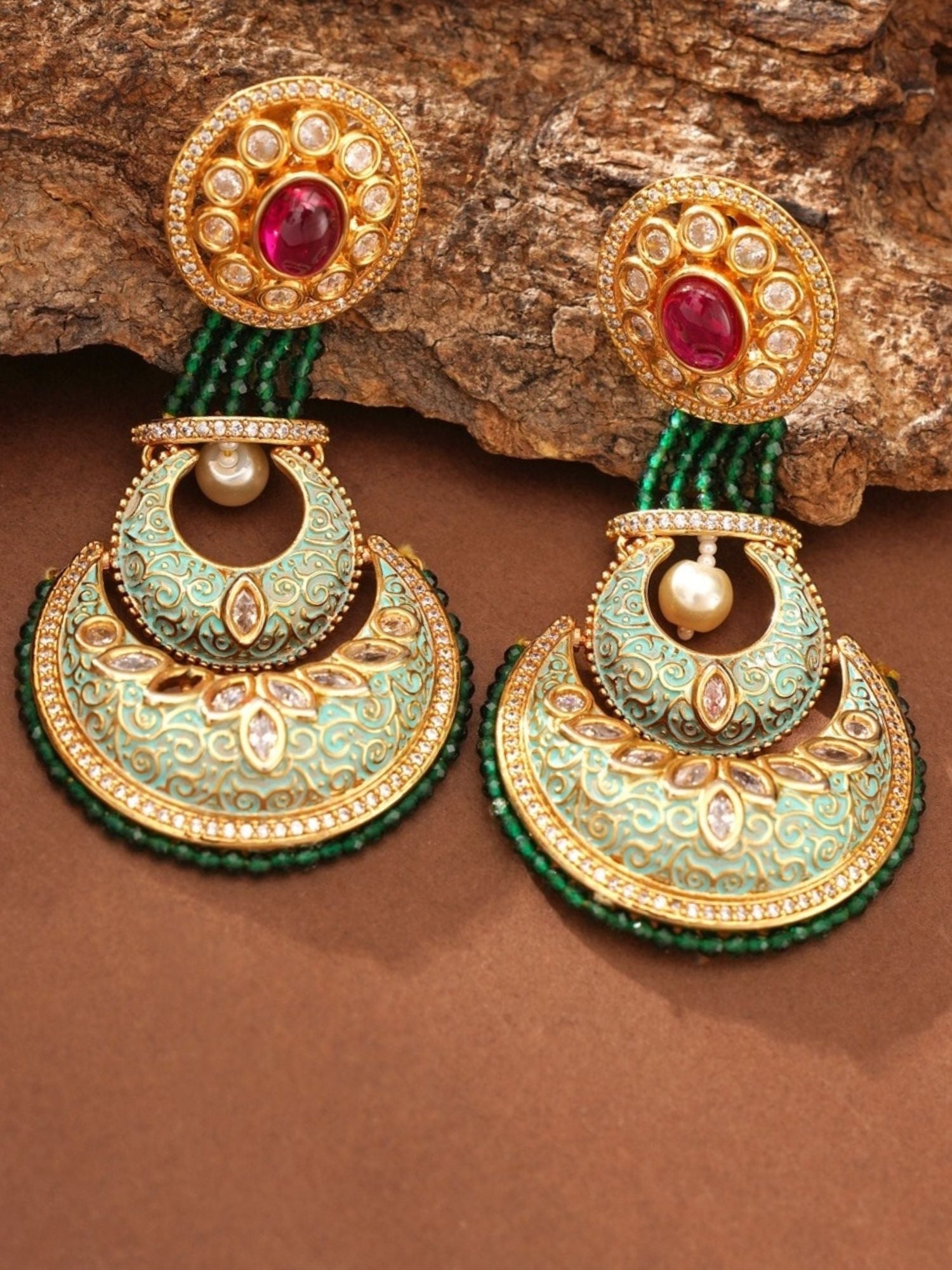 Abdesigns Jewellery Elegant Green Ruby Earrings with gold detailing and pearl accents