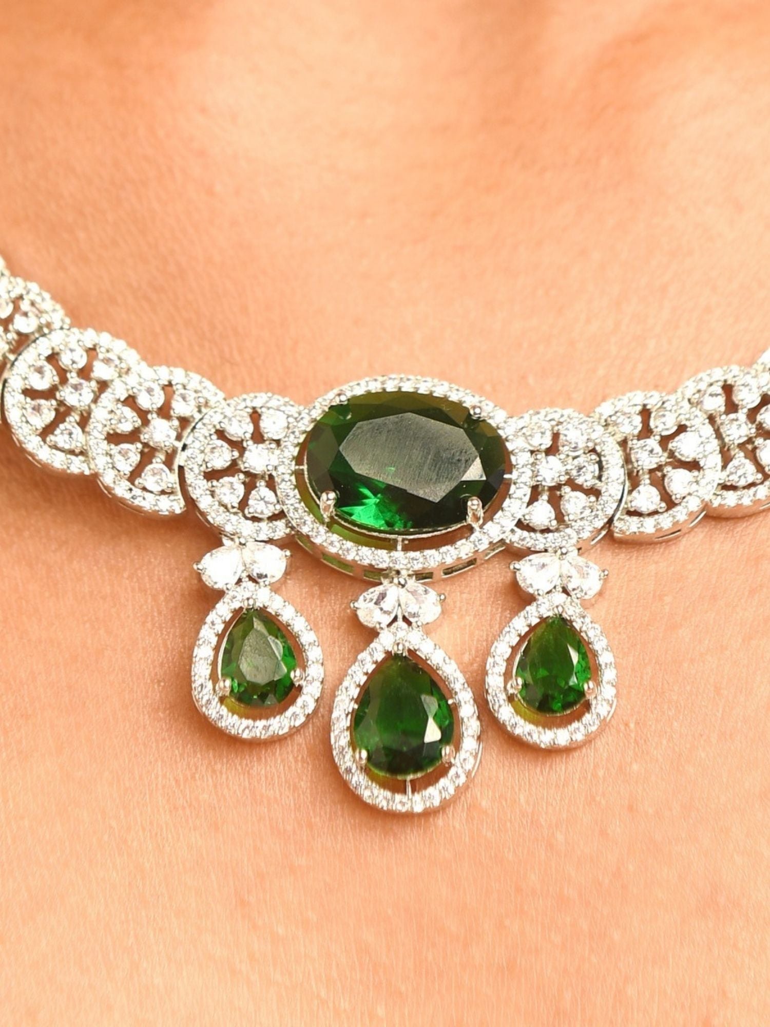 Abdesigns Jewellery Elegant Green Stone Necklace Set with intricate silver design and teardrop gemstones