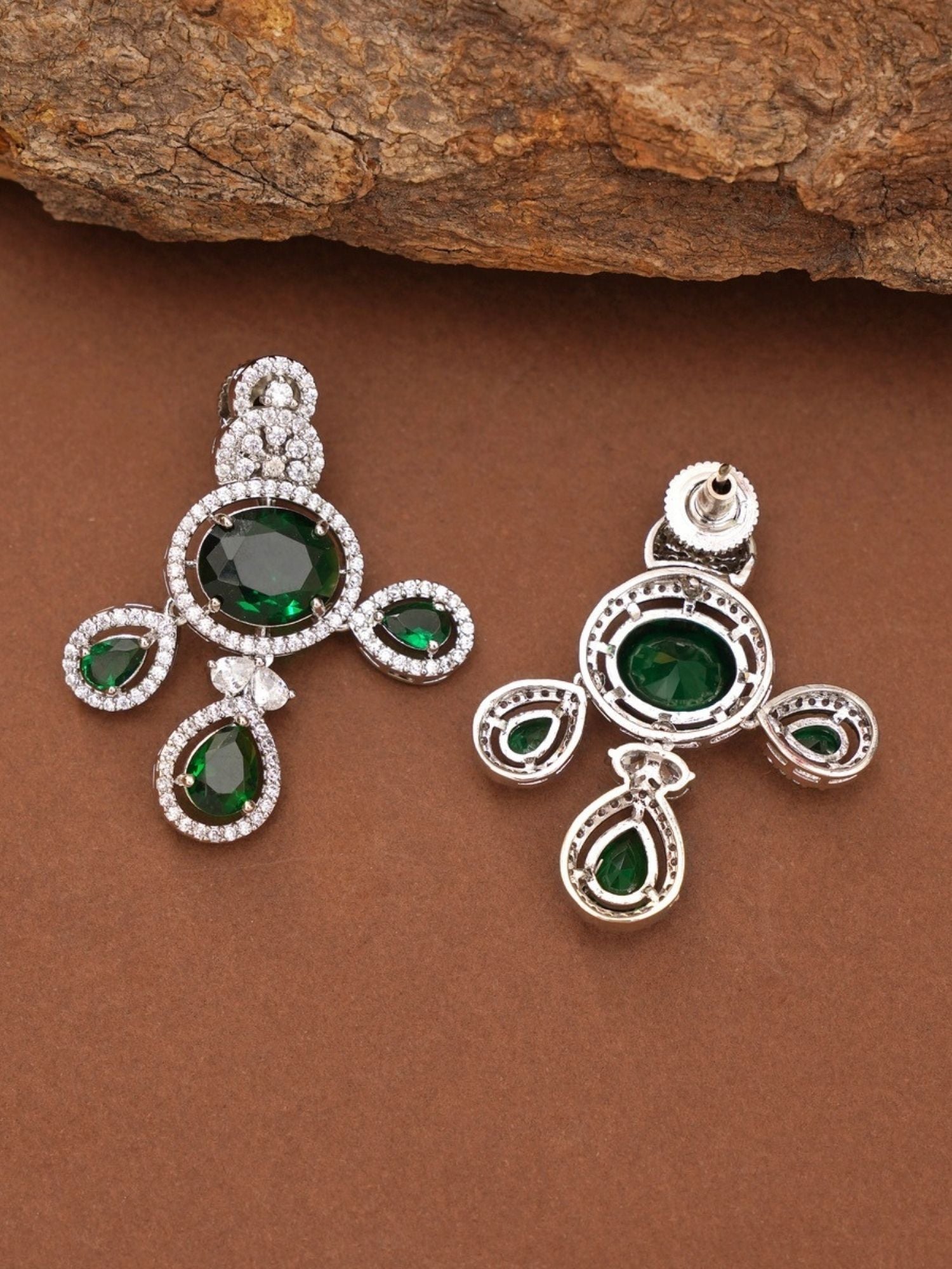 Abdesigns Jewellery Elegant Green Stone Necklace Set featuring silver earrings with green gemstones and clear accents