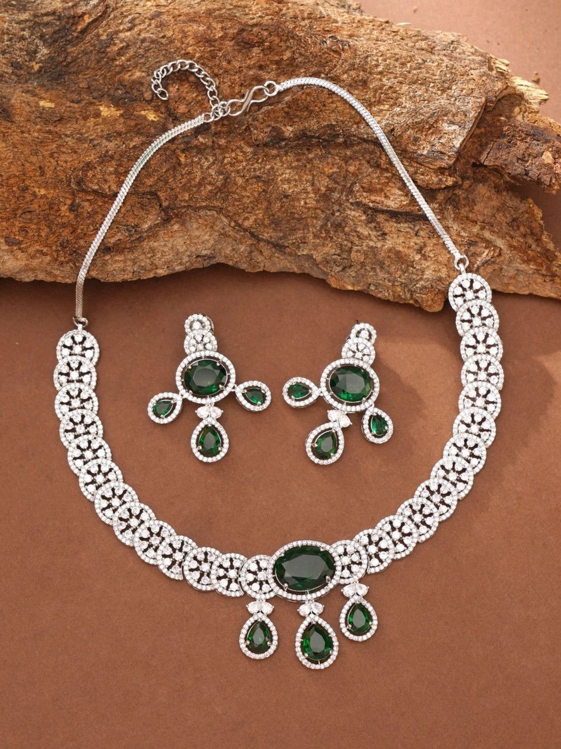 Abdesigns Jewellery Elegant Green Stone Necklace Set worn by woman with matching earrings