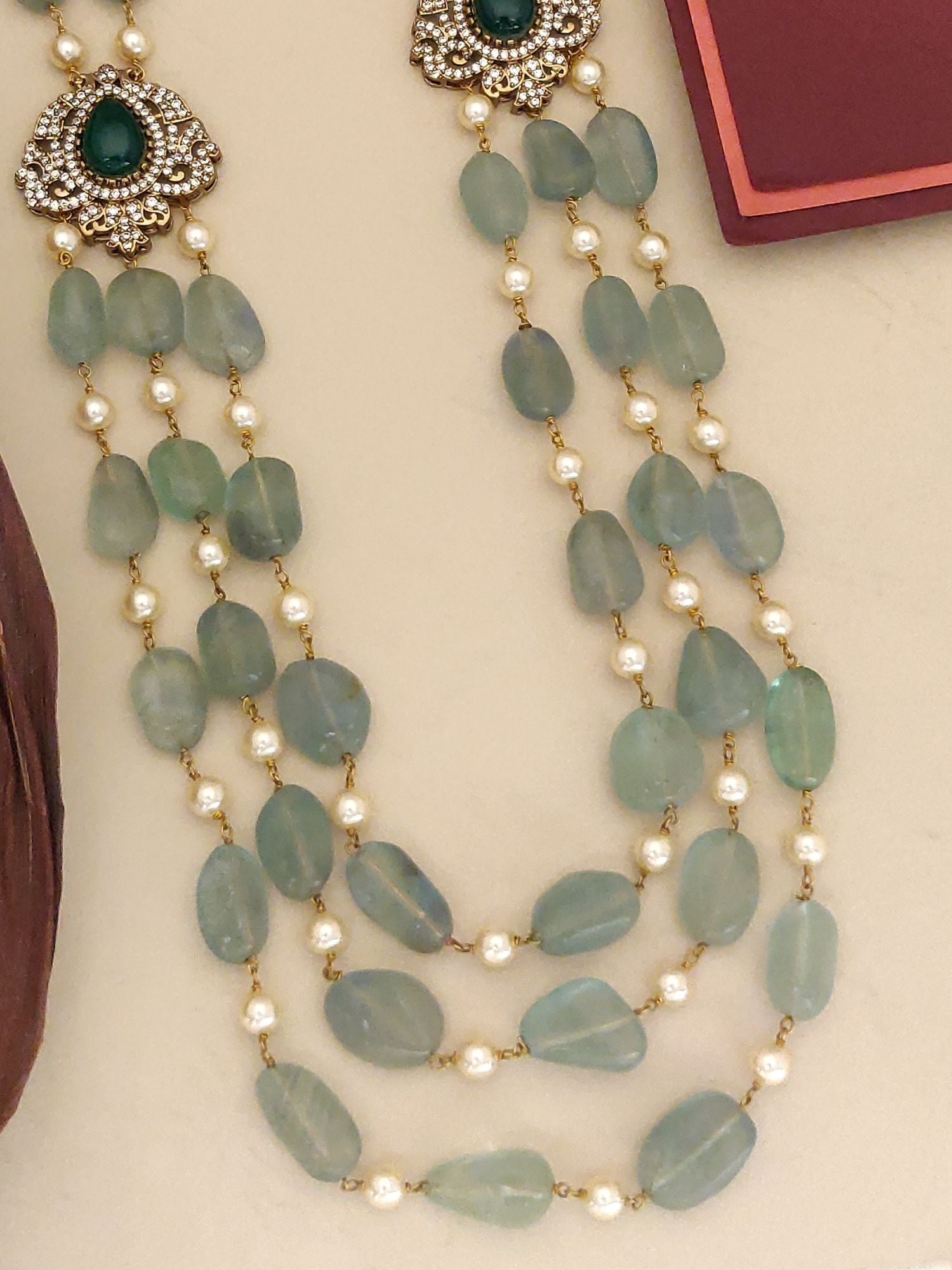 Abdesigns Jewellery Elegant Multi-Strand Beaded Necklace with green stones and pearl beads