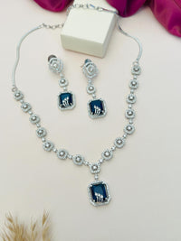 Thumbnail for Abdesigns Jewellery Elegant Necklace with Blue Pendant Set featuring silver chain and matching earrings