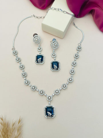 Abdesigns Jewellery Elegant Necklace with Blue Pendant Set featuring matching earrings with intricate silver and blue gemstone design