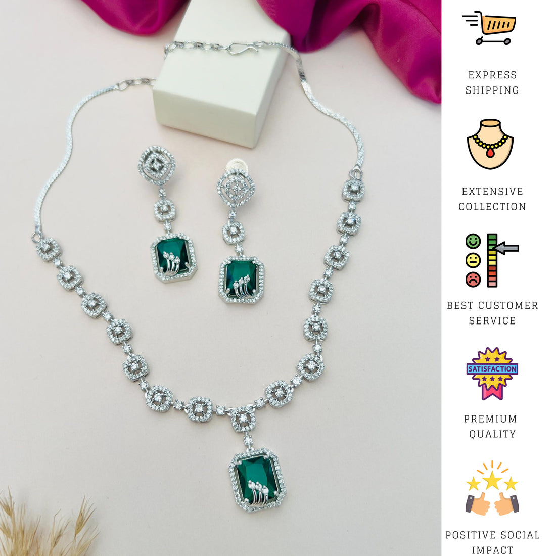 Abdesignsjewellery American Diamond Necklace Set featuring intricate pendant and matching earrings worn by model