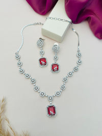 Thumbnail for Abdesigns Jewellery Elegant Necklace with Blue Pendant Set featuring silver chain and red gemstone pendant with matching earrings