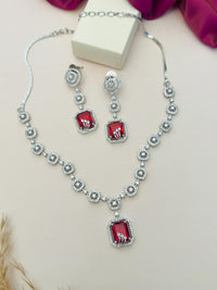 Thumbnail for Abdesigns Jewellery Elegant Necklace with Blue Pendant Set featuring a silver chain and red gemstone pendants
