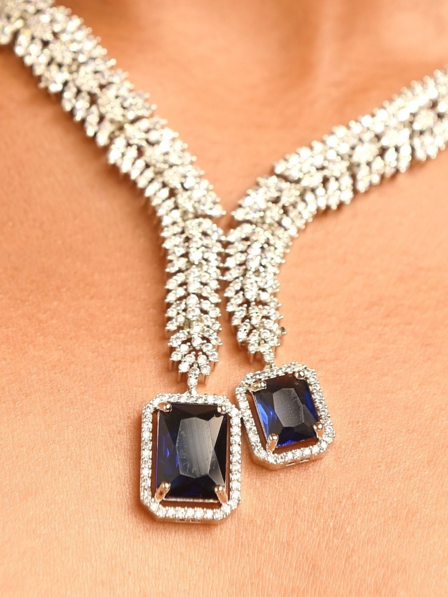 Abdesigns Jewellery Elegant Swarovski Necklace Set with blue gemstone pendants and sparkling crystals