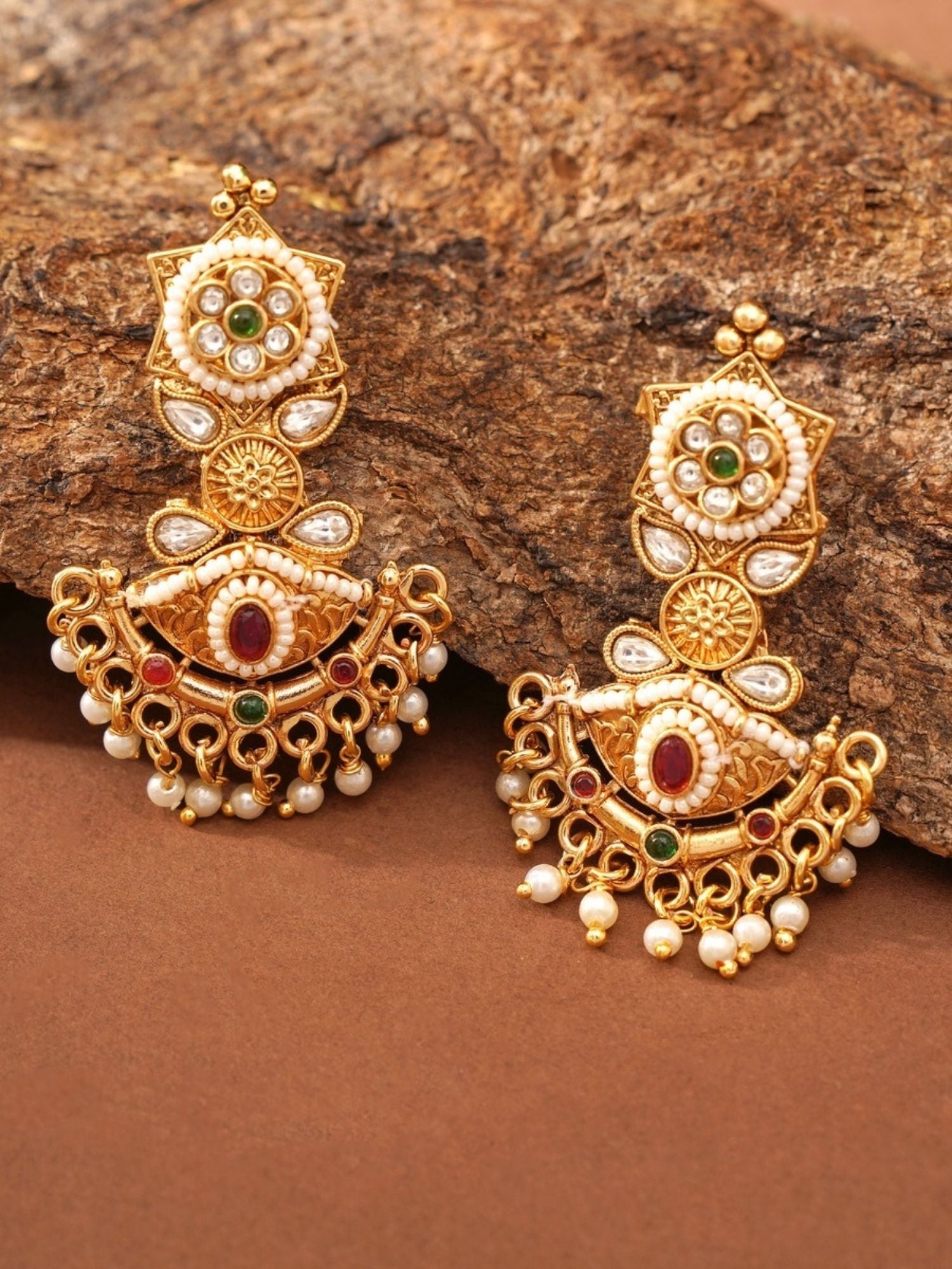 Abdesigns Jewellery Elegant Traditional Necklace Set featuring detailed gold and pearl design with red and green accents