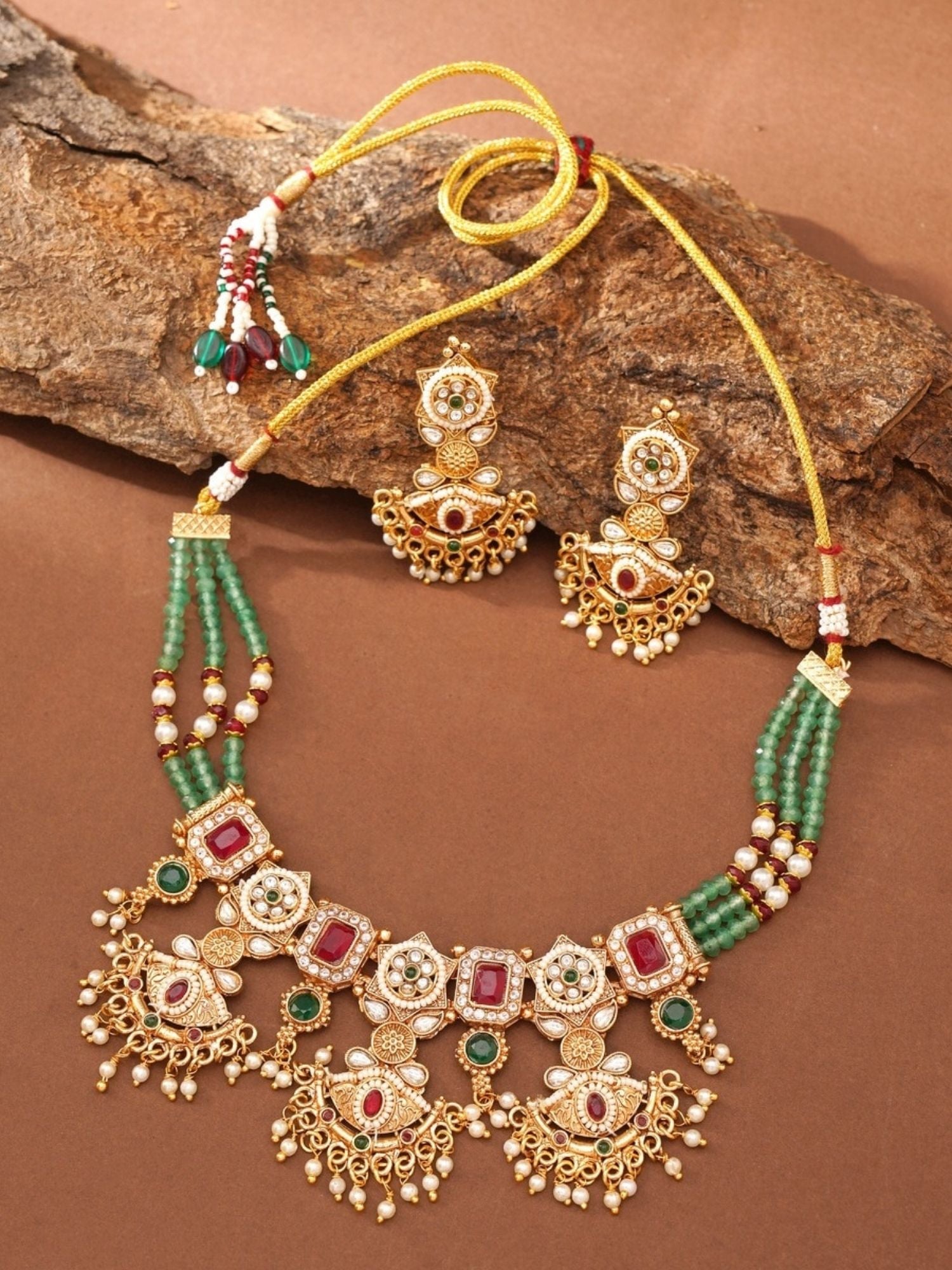 Abdesigns Jewellery Elegant Traditional Necklace Set with gold, green beads, red and white stones, and matching earrings