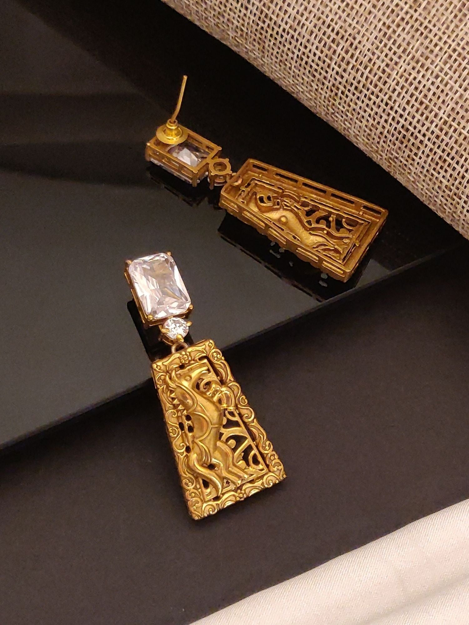 Abdesigns Jewellery Gold Antique Style Earrings with Gemstone featuring intricate horse design and rectangular gemstones