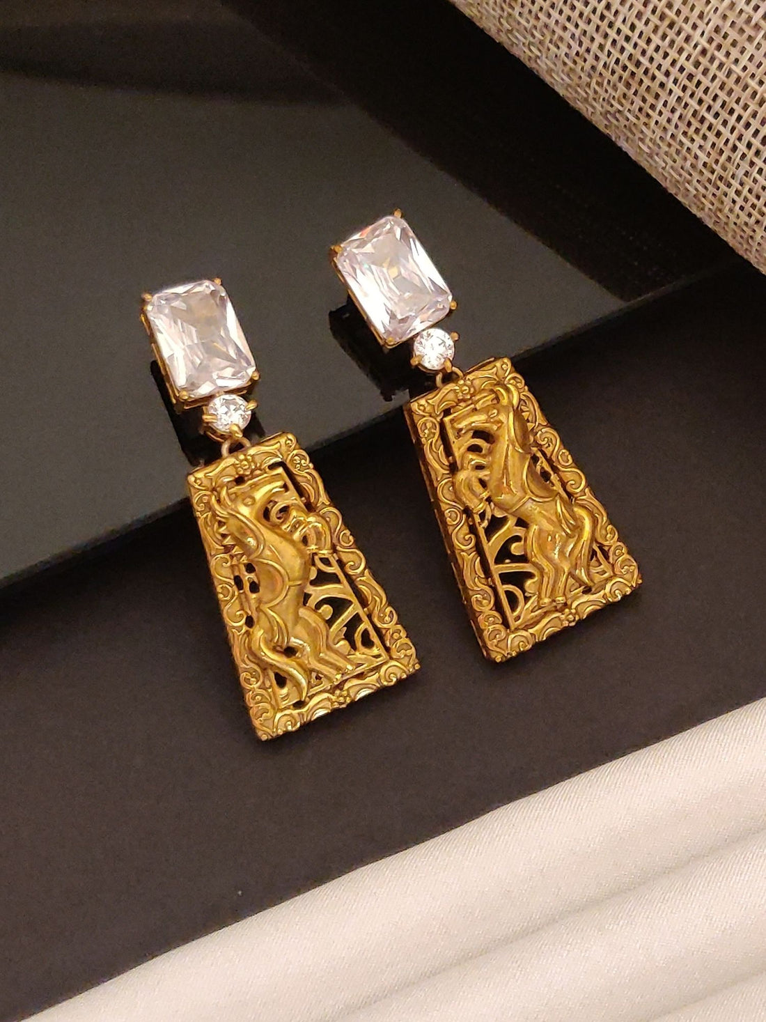 Abdesigns Jewellery Gold Antique Style Earrings with Gemstone featuring intricate carved design and rectangular clear stones