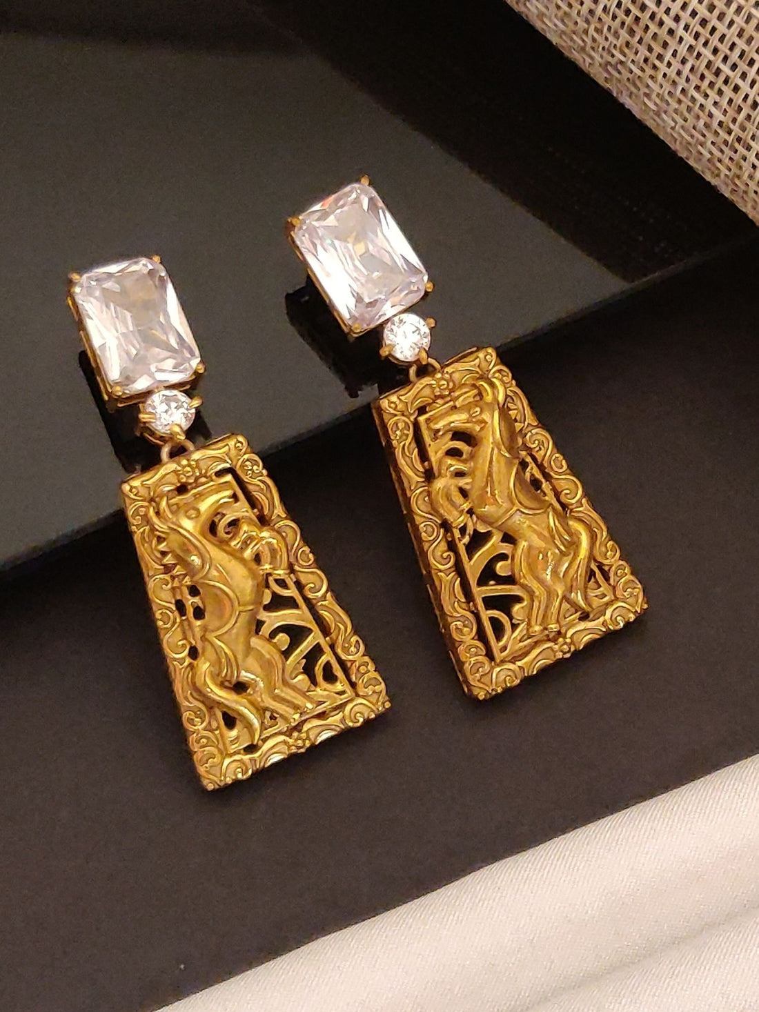Abdesigns Jewellery Gold Antique Style Earrings with Gemstone featuring intricate carved design and rectangular clear stones