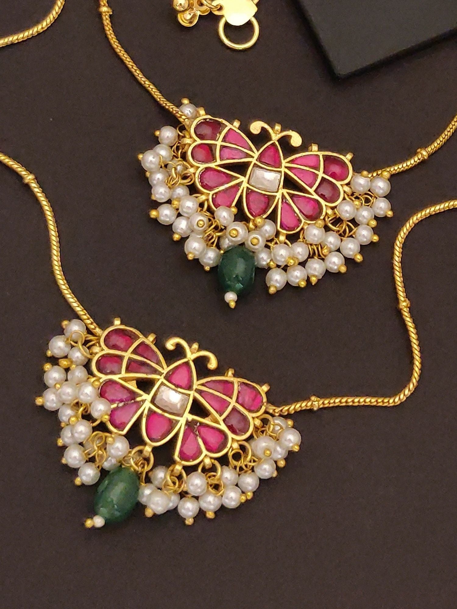 Abdesigns Jewellery Gold Butterfly Pearl Anklets Set featuring intricate gold butterfly design with pink enamel and pearl accents