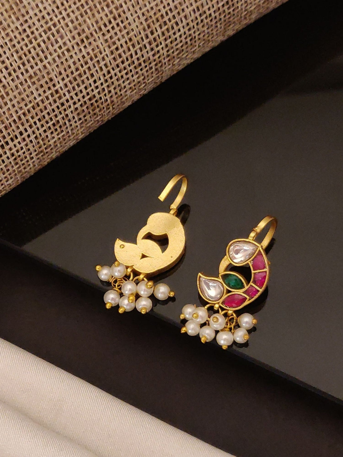 Abdesigns Jewellery Gold Pearl Drop Earrings Set with colorful stones and pearl clusters