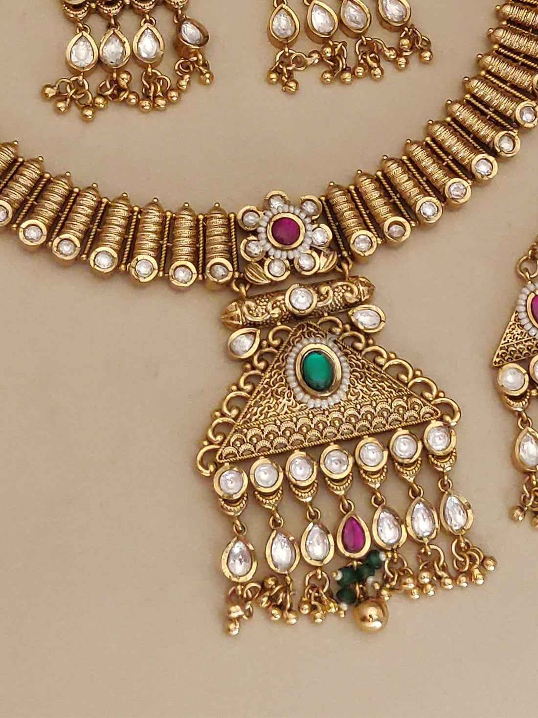 Abdesigns Jewellery Gold Pearl Pendant Necklace Set with matching earrings and traditional design