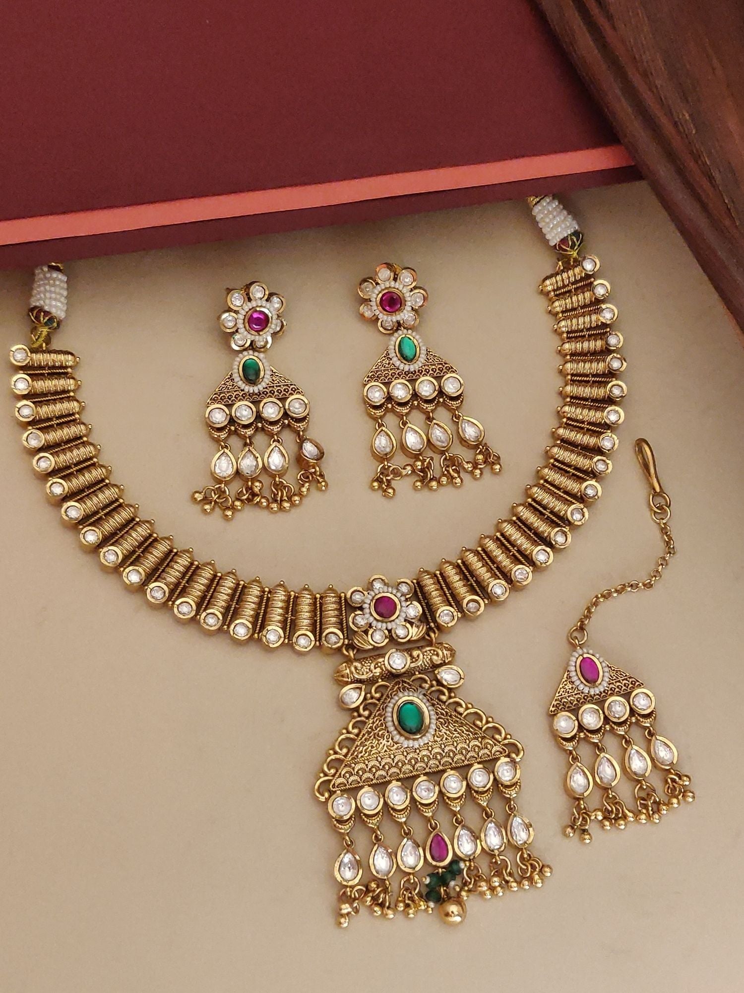 Abdesigns Jewellery Gold Pearl Pendant Necklace Set with intricate gold detailing and matching earrings