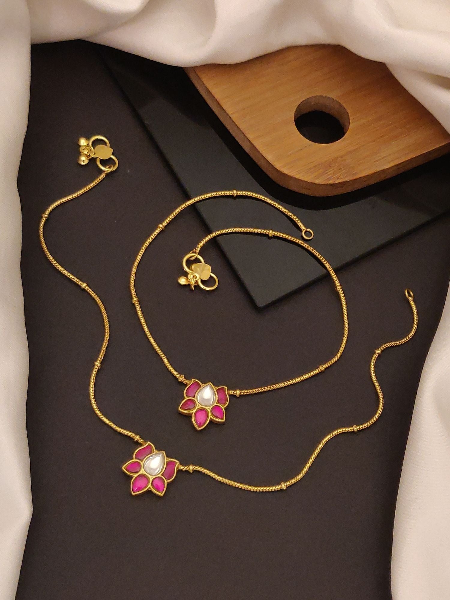 Abdesigns Jewellery Gold Pink Lotus Flower Anklets with delicate gold chain and pink lotus charm