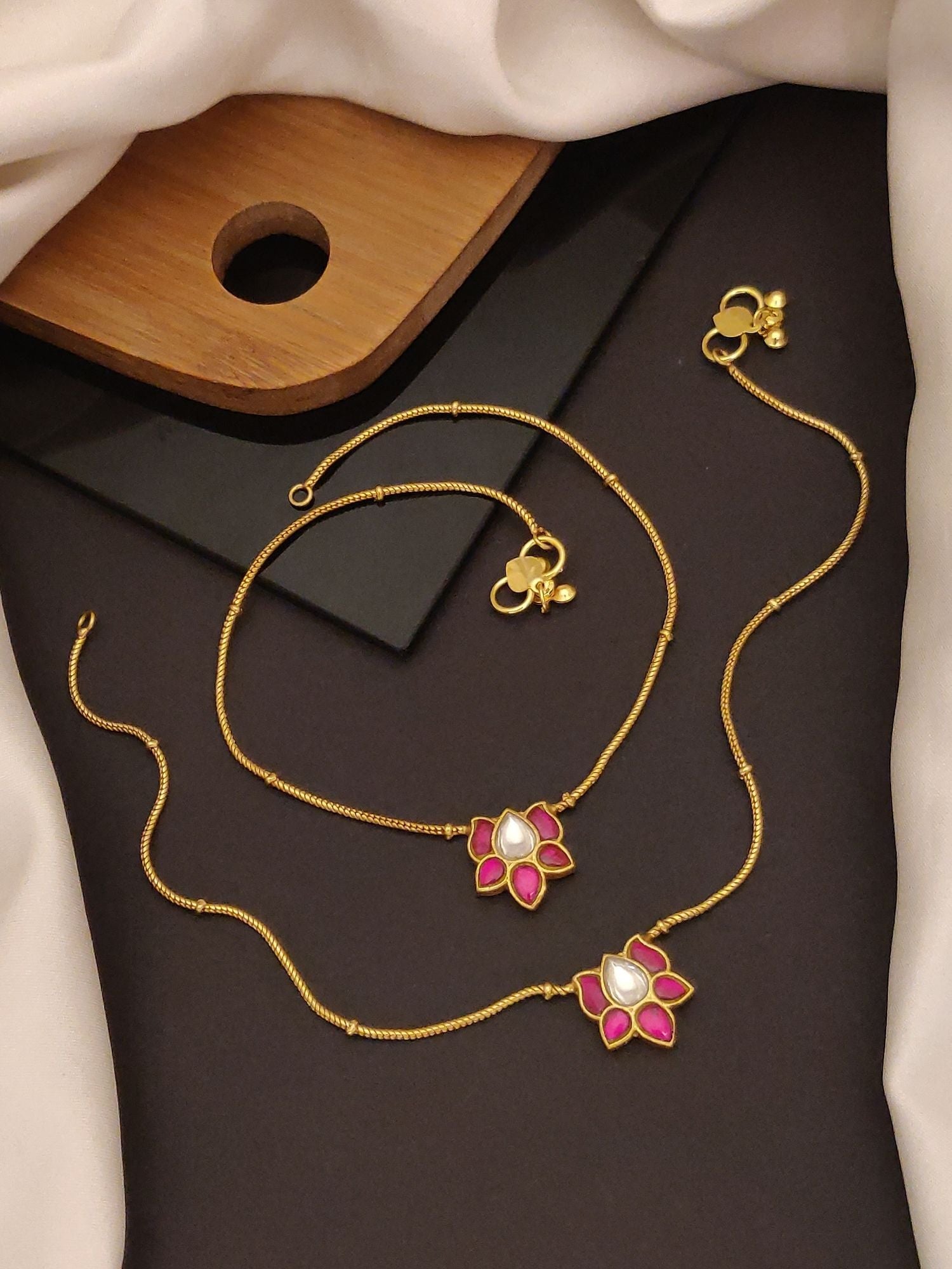 Abdesigns Jewellery Gold Pink Lotus Flower Anklets with delicate chain and floral pendant design