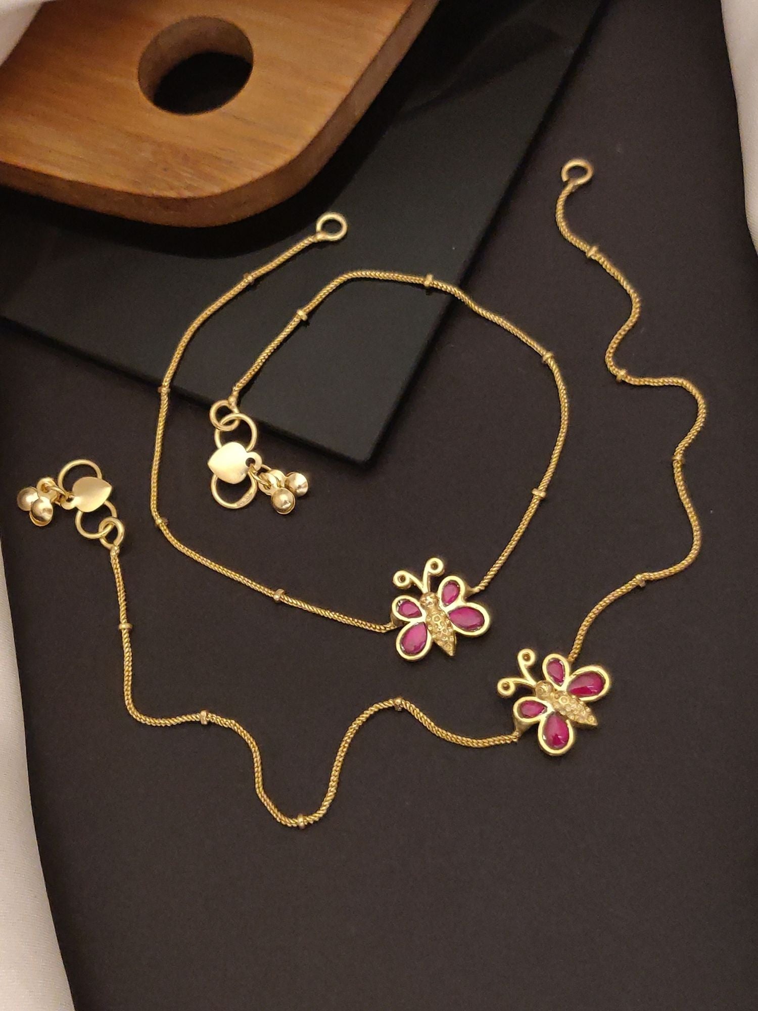 Abdesigns Jewellery Gold Plated Butterfly Anklets Set with pink enamel and delicate chain design