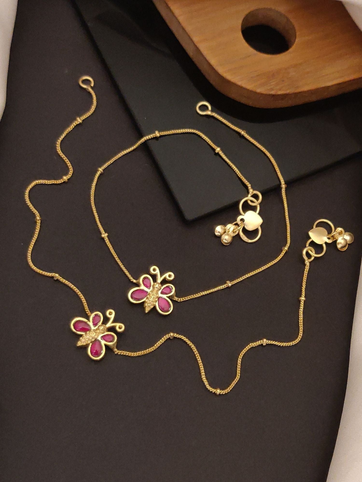 Abdesigns Jewellery Gold Plated Butterfly Anklets Set with pink accents on gold chains