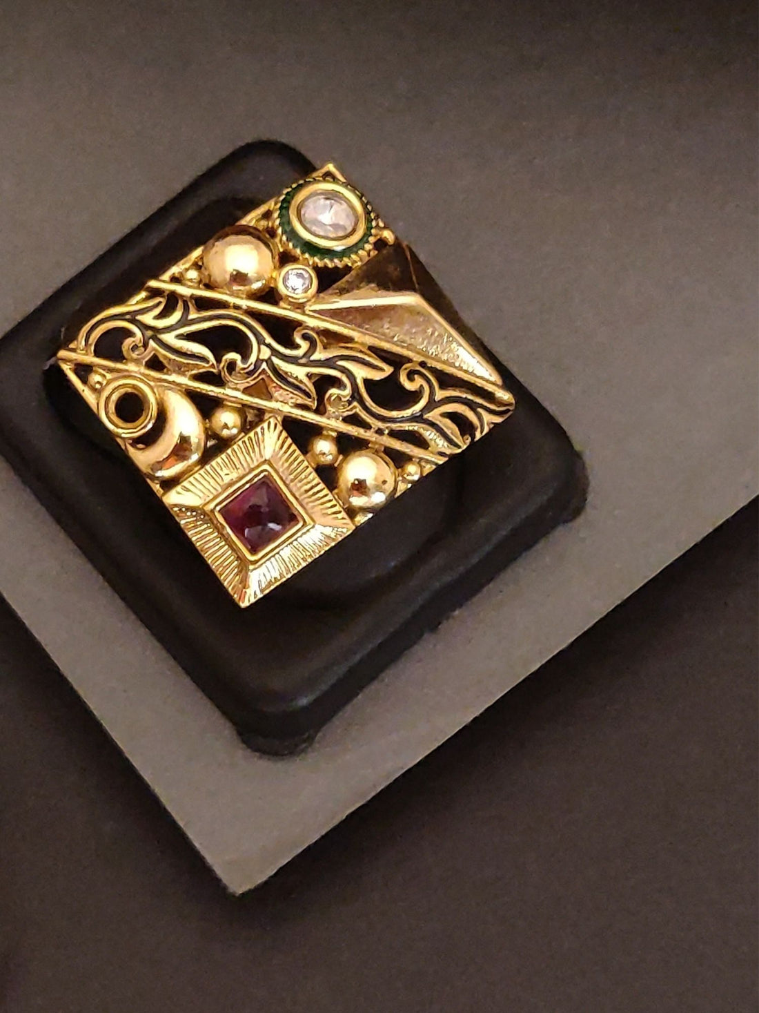 Abdesigns Jewellery Gold-Plated Designer Statement Ring with intricate patterns and colorful stones