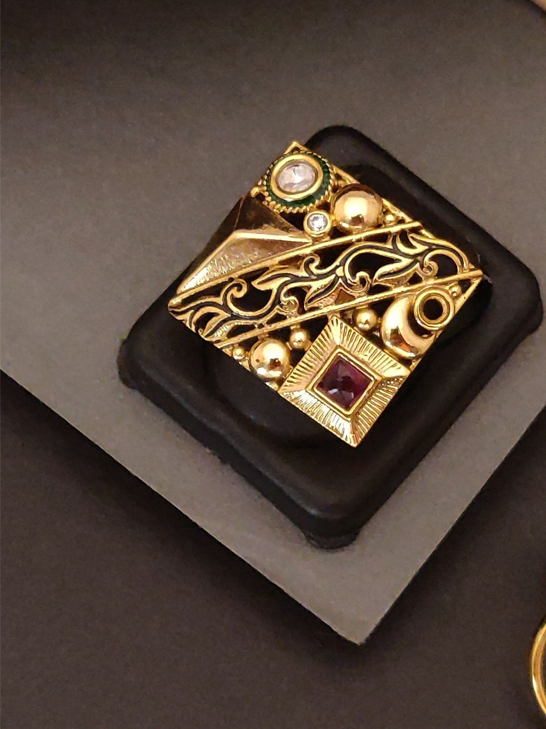 Abdesigns Jewellery Gold-Plated Designer Statement Ring with intricate patterns and colorful stones