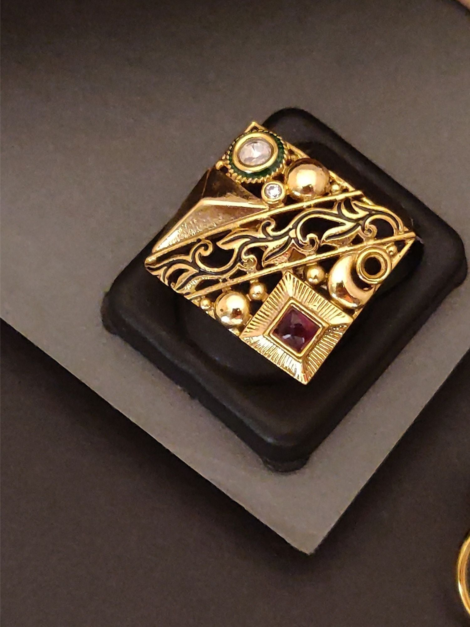 Abdesigns Jewellery Gold-Plated Designer Statement Ring with intricate patterns and colorful stones